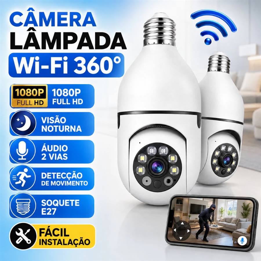 Câmera lâmpada Wi-Fi 360° Full HD
